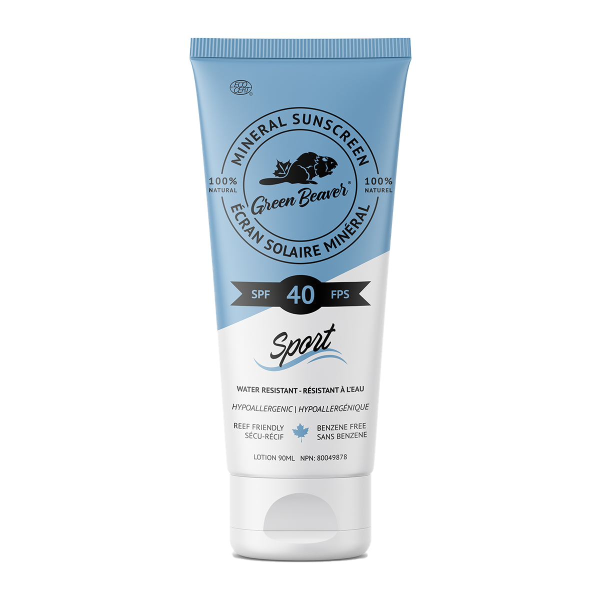 Green Beaver - Organic Adult Mineral Sunscreen SPF40 Sport - 90mL