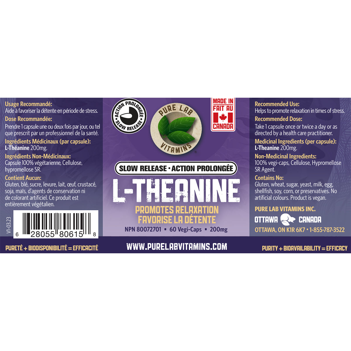 Pure Lab Vitamins - L-Theanine Slow Release - 200mg Veg Capsules