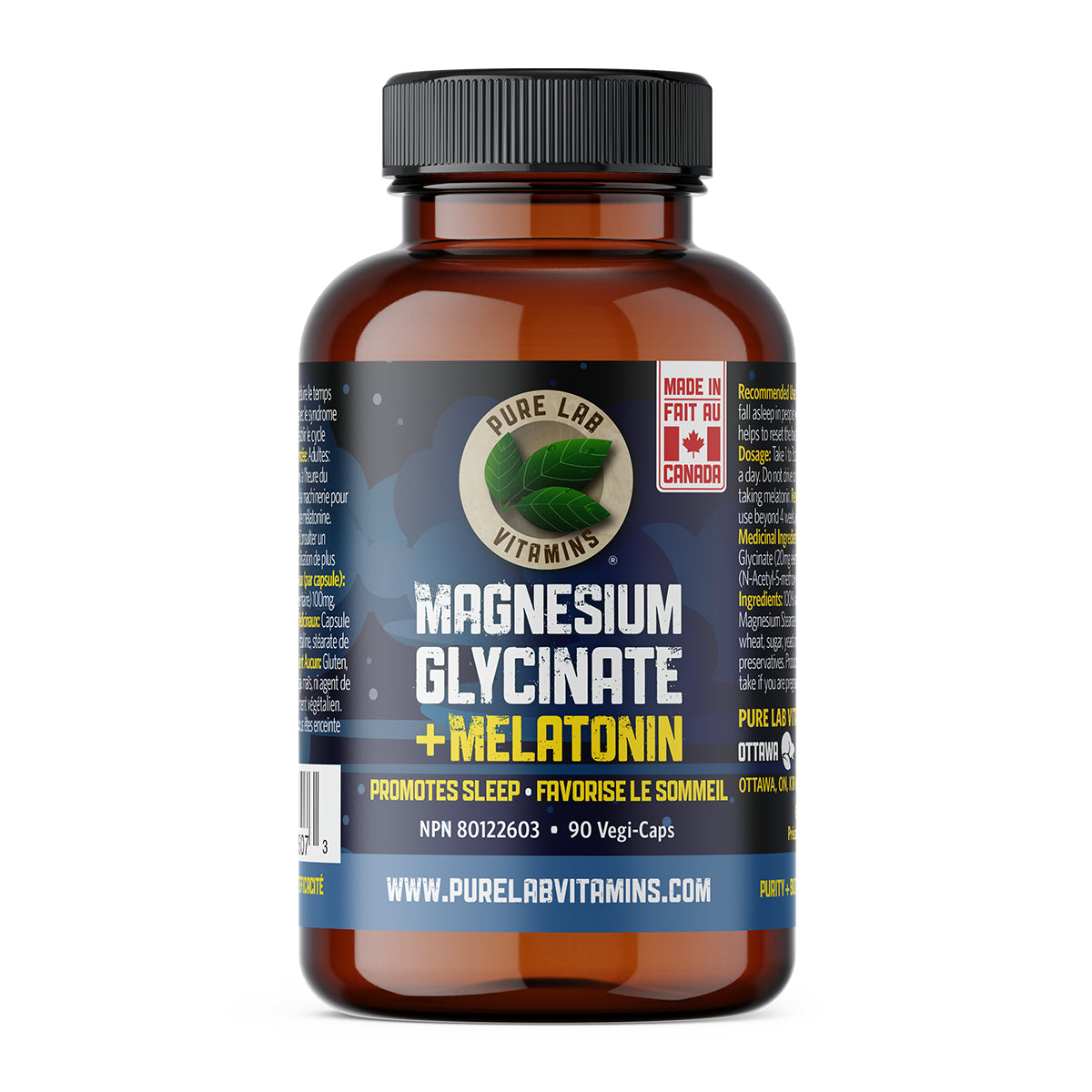 Pure Lab Vitamins - Magnesium Glycinate + Melatonin - 90 Veg Capsules