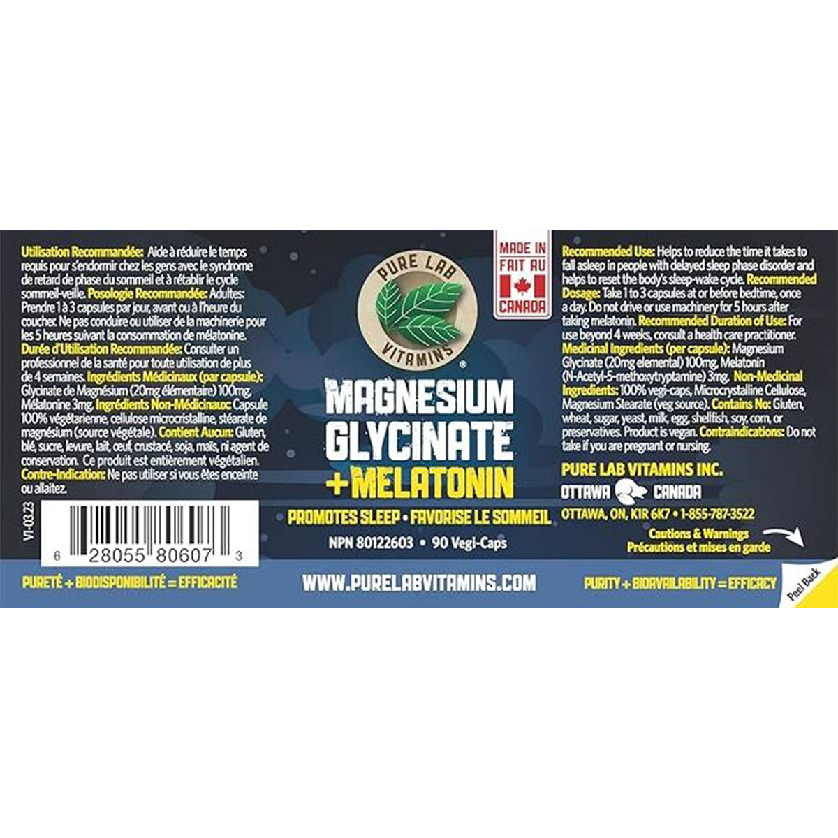 Pure Lab Vitamins - Magnesium Glycinate + Melatonin - 90 Veg Capsules