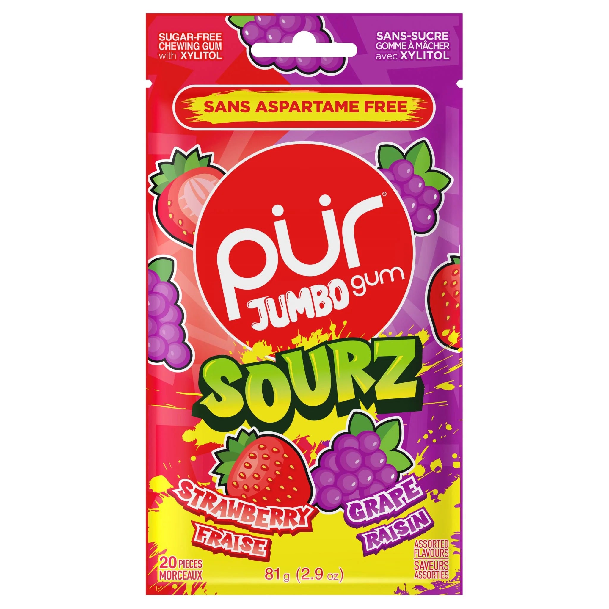 Pur Jumbo Gum Sourz - Strawberry & Grape - 20pcs