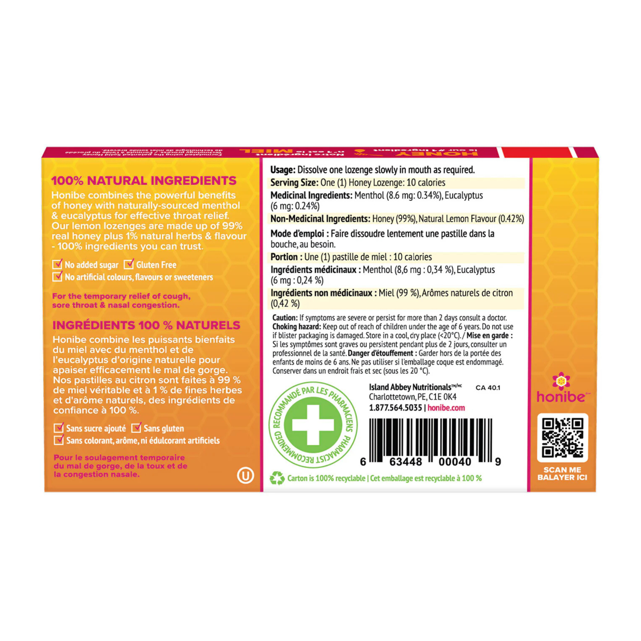 Honibe - Honey Lozenges Menthol + Eucalyptus Lemon Flavour - 10 Lozenges