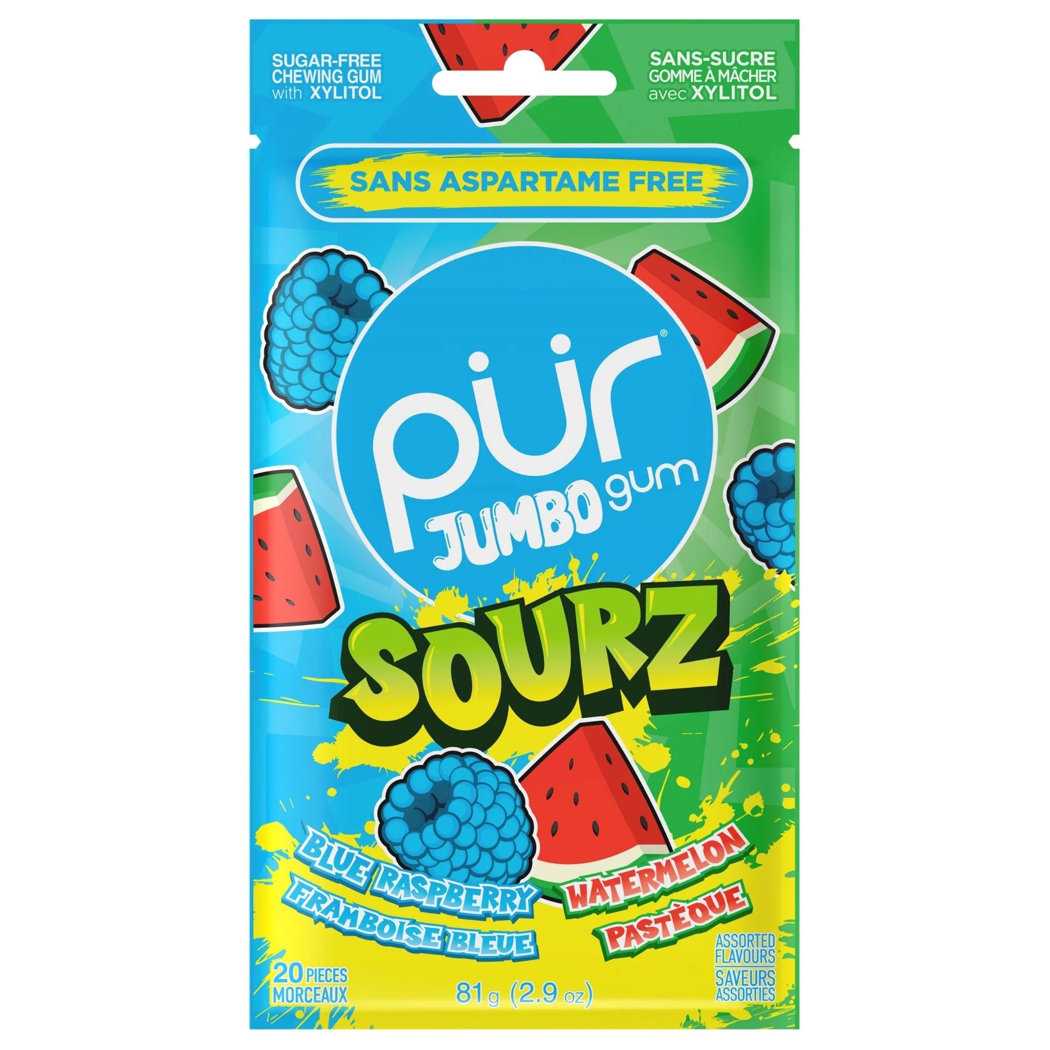 Pur Jumbo Gum Sourz - Blue Raspberry & Watermelon - 20pcs