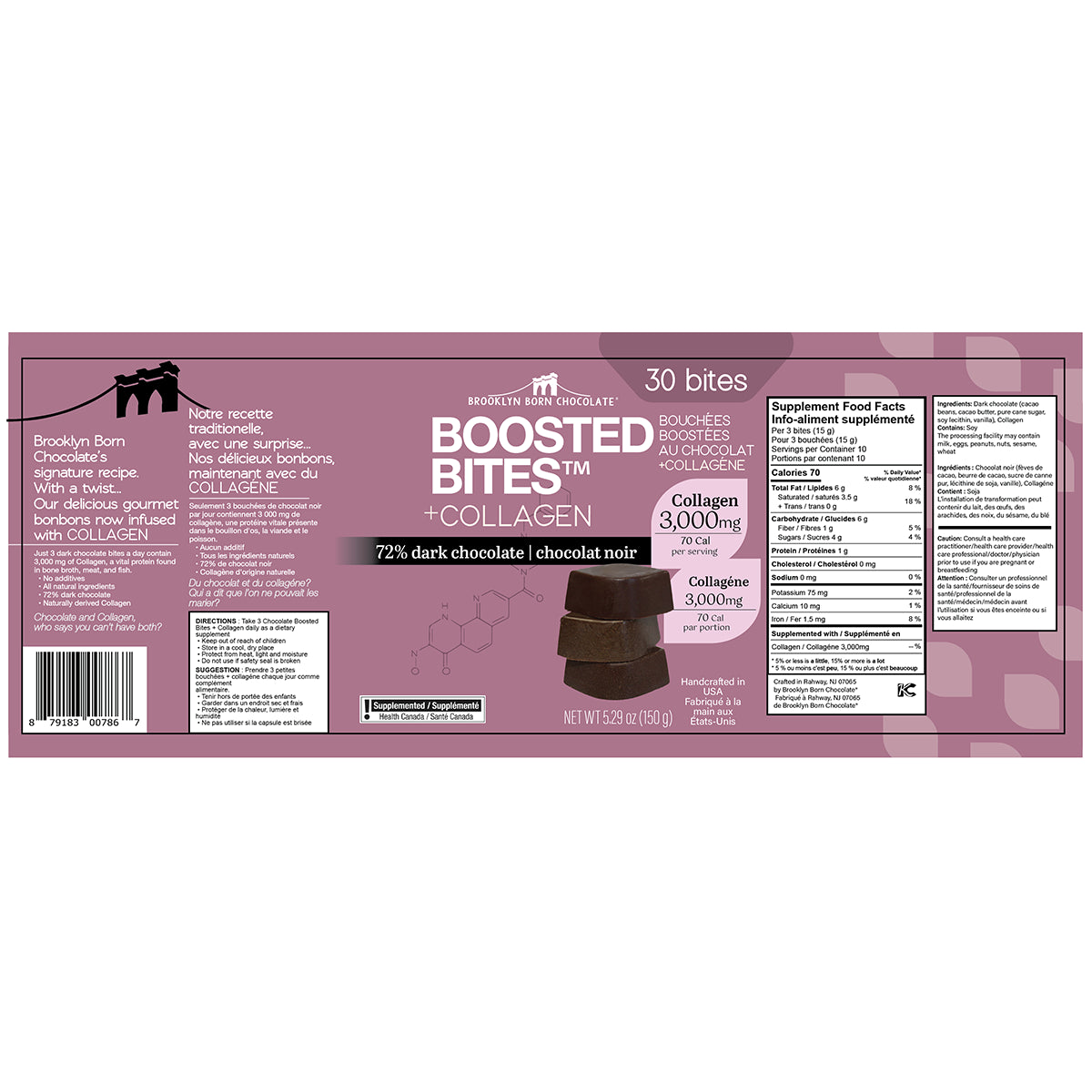Brooklyn Born Chocolate - Boosted Bites +Peptide Collagen 72% Dark Chocolate