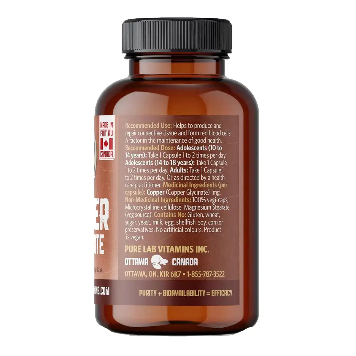 Pure Lab Vitamins - Copper Glycinate - 1 mg 60 Veg Capsules