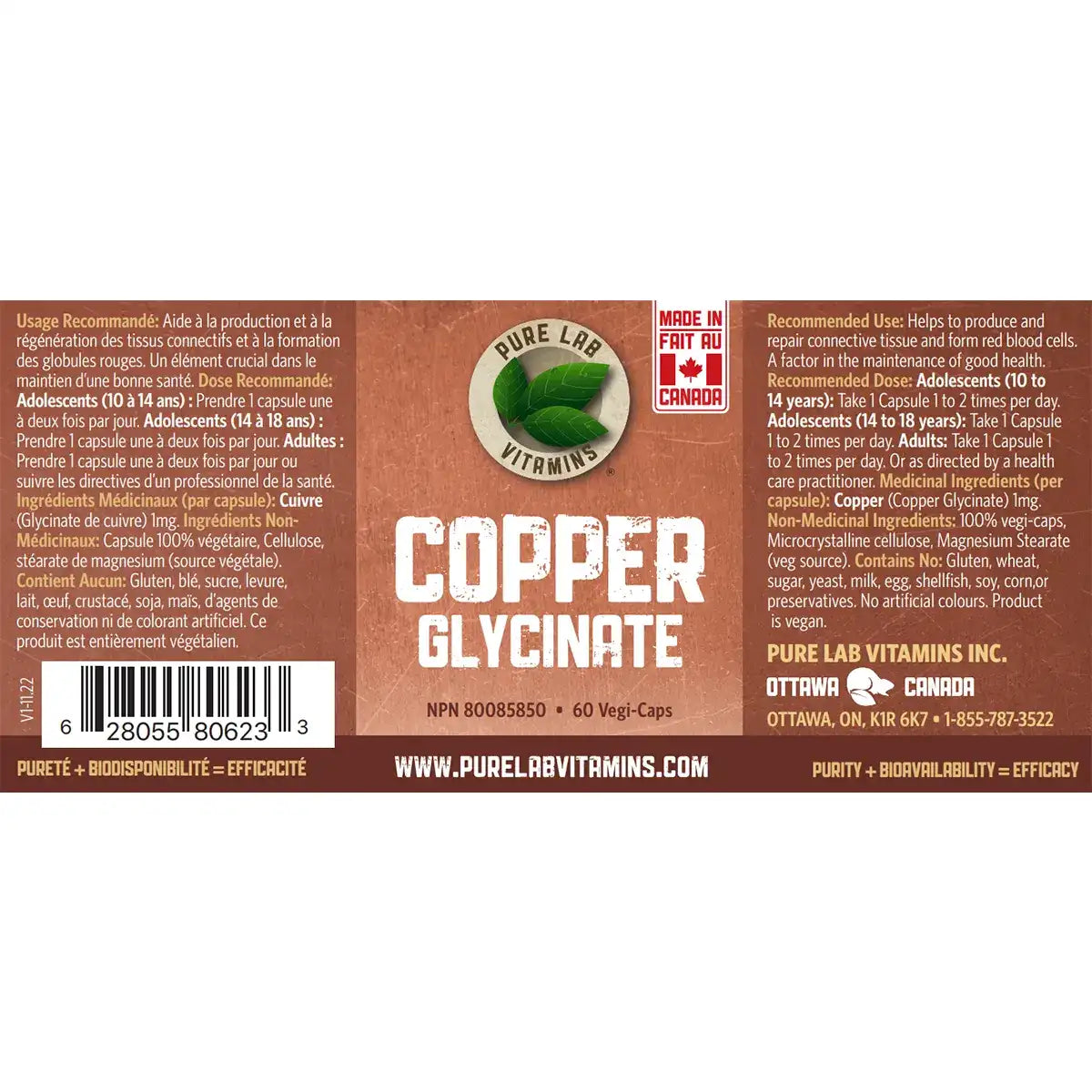 Pure Lab Vitamins - Copper Glycinate - 1 mg 60 Veg Capsules