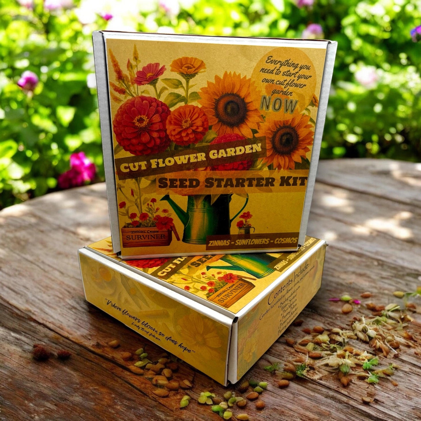 Fuschia Designs Shop - Cut Flower Garden Kit w/ Zinnia, Cosmo, and Sunflower Seeds