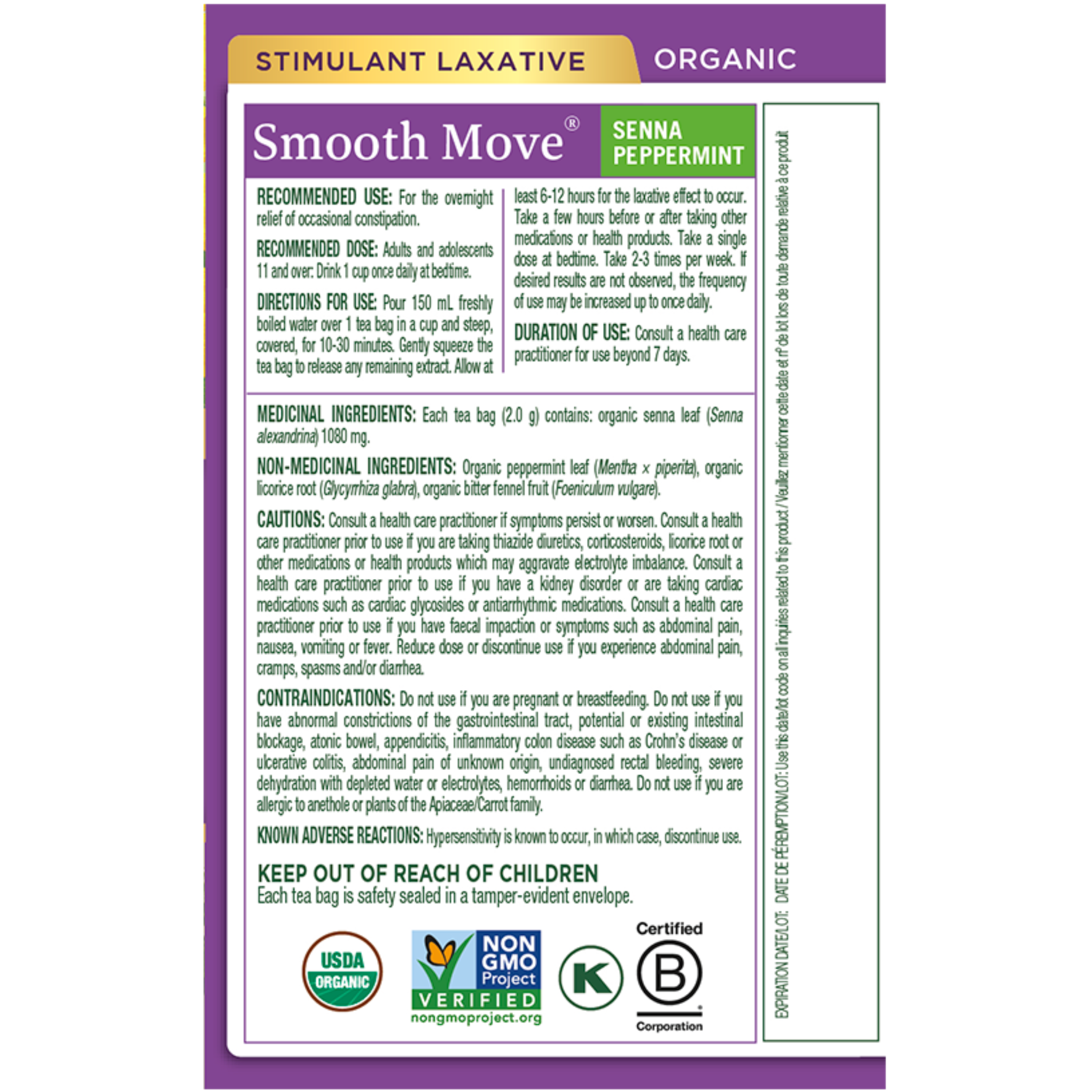 Traditional Medicinals - Organic Smooth Move Senna Peppermint - 16 Tea Bags