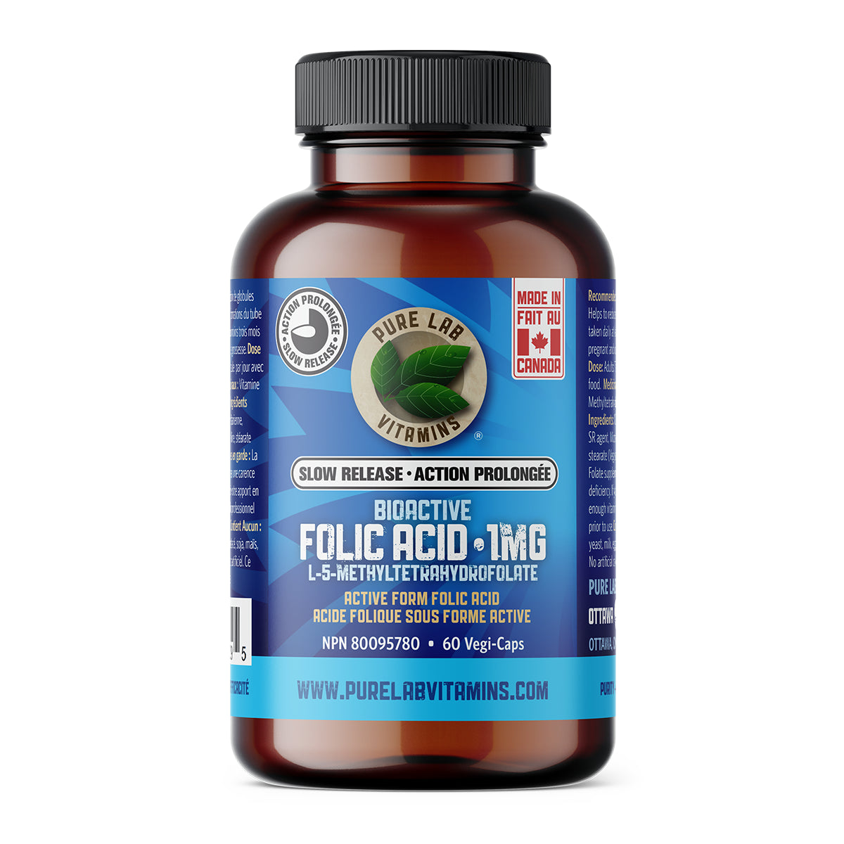 Pure Lab Vitamins - Bioactive Folic Acid - 1mg Slow Release 60 Veg Capsules