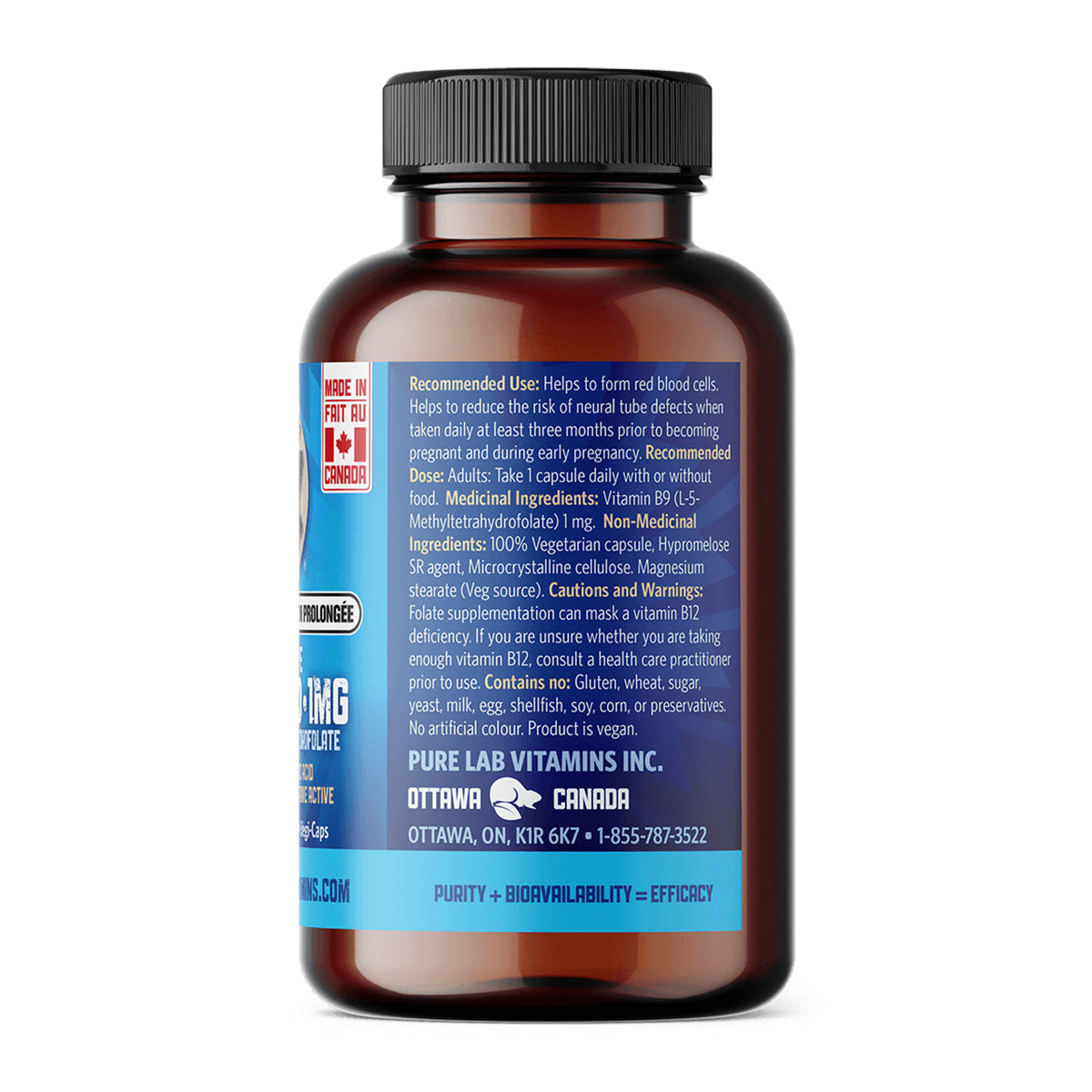Pure Lab Vitamins - Bioactive Folic Acid - 1mg Slow Release 60 Veg Capsules