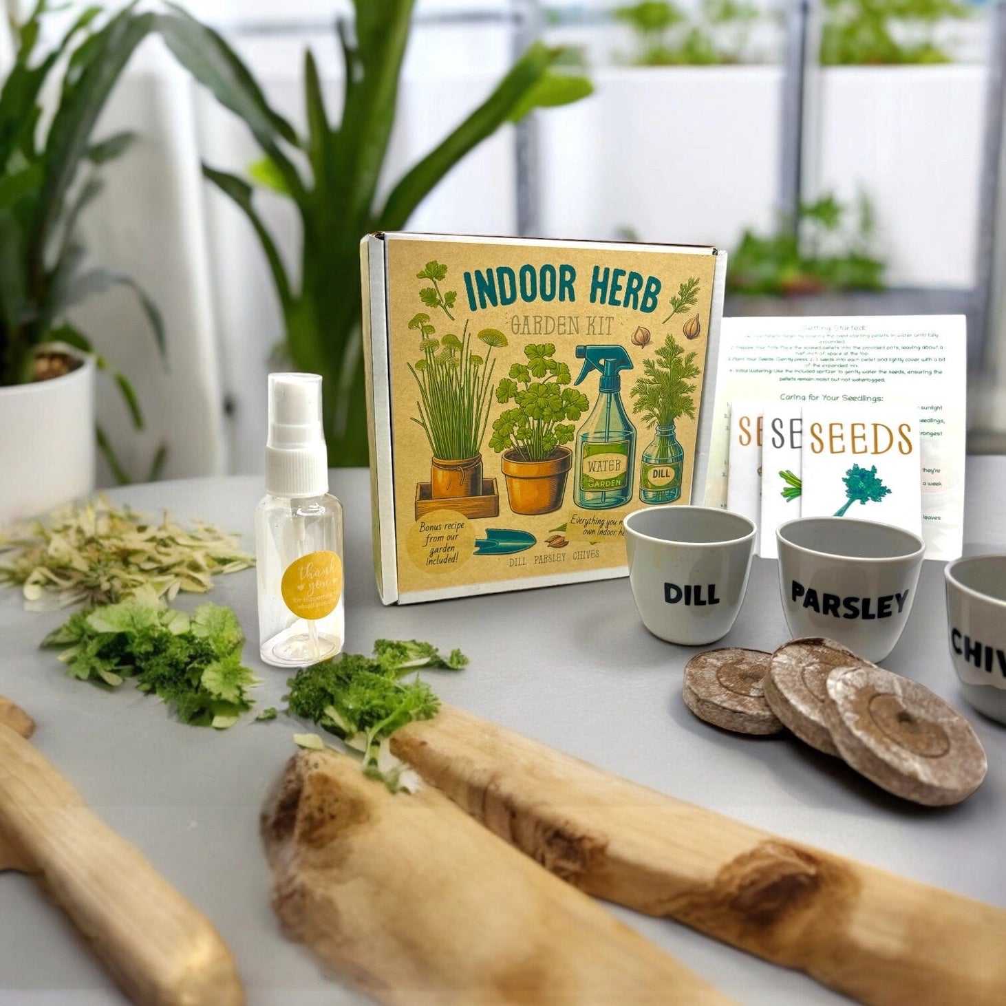 Fuschia Design Shops - Indoor Herb Garden Starter Kit with Parsley, Chives, and Dill Seeds