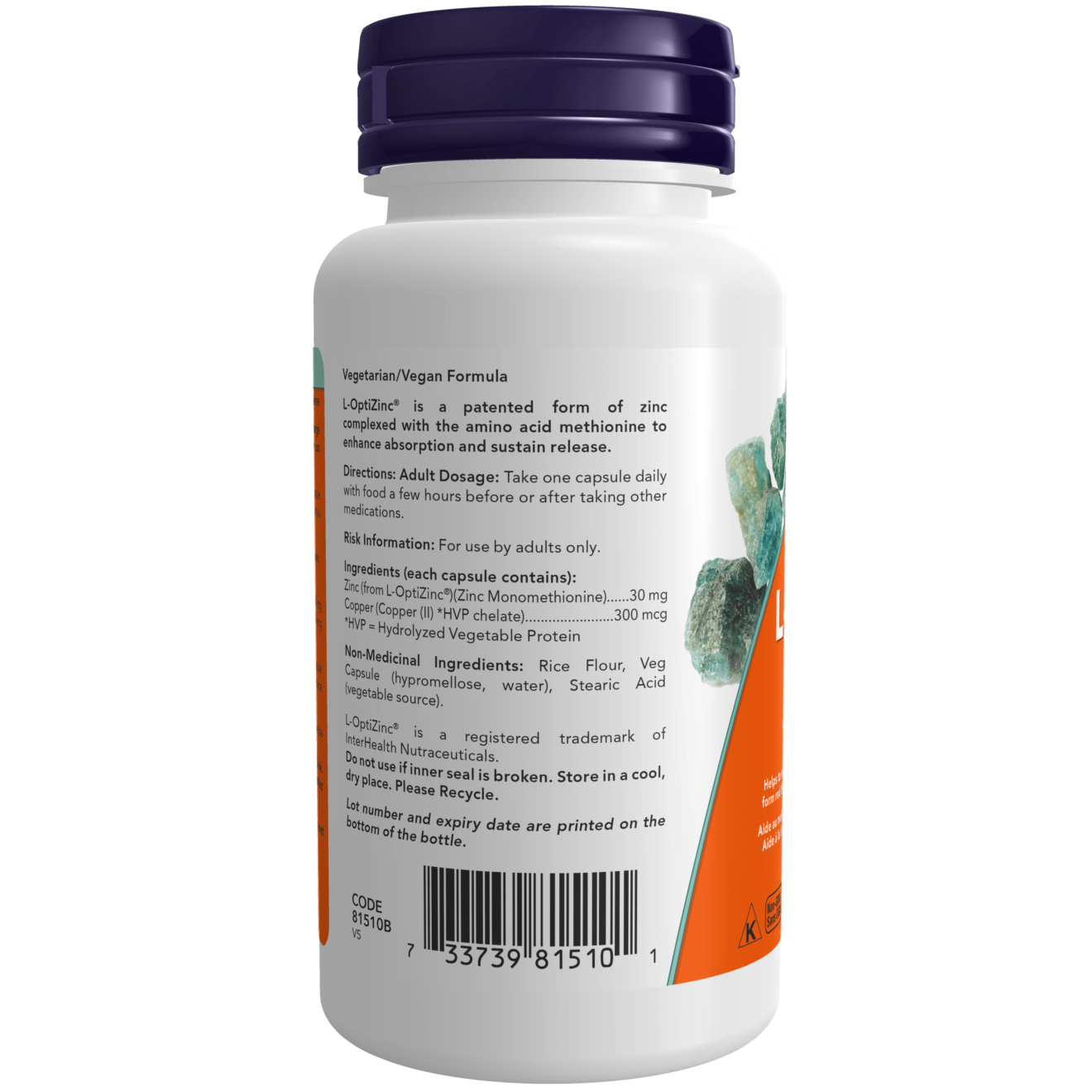 Now - L-OptiZinc Monomethionine W/ Copper - 30mg 100 Veg Capsules
