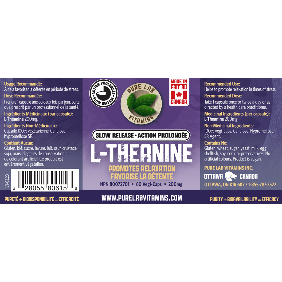 Pure Lab Vitamins - L-Theanine Slow Release - 200mg Veg Capsules
