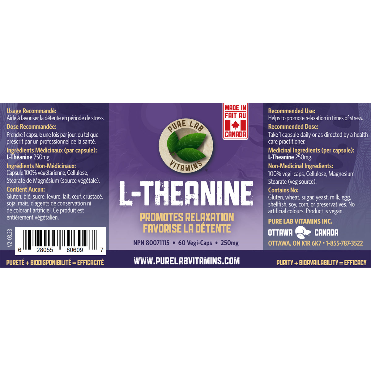Pure Lab Vitamins - L-Theanine - 250mg 60 Veg Capsules
