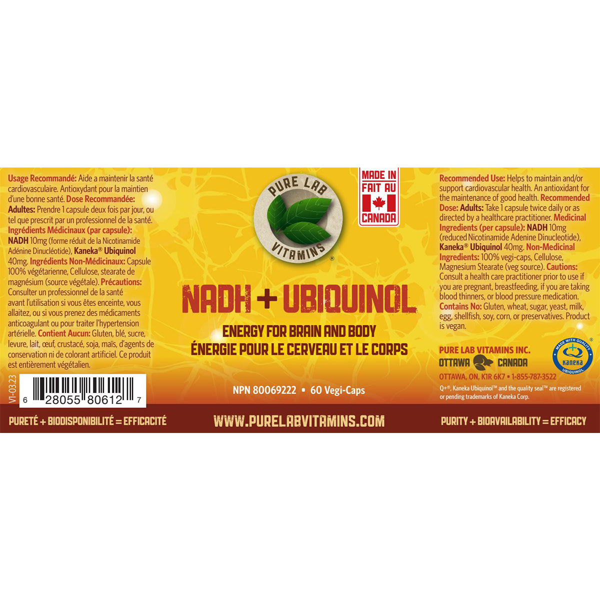 Pure Lab Vitamins - NADH+Ubiquinol - 60 Veg Capsules