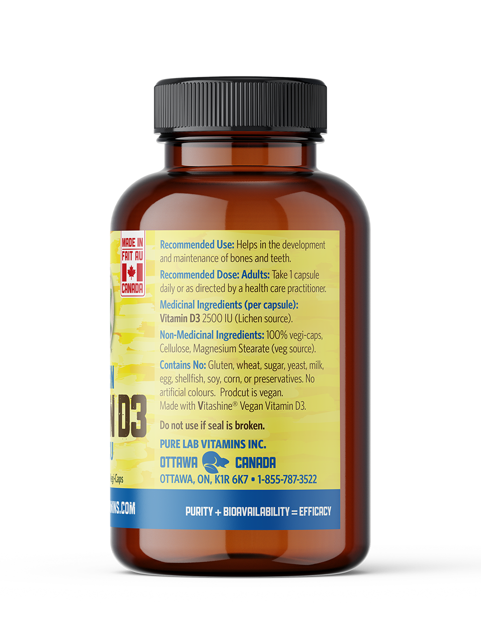 Pure Lab Vitamins - Vegan Vitamin D3 2500IU - 120 Veg Capsules