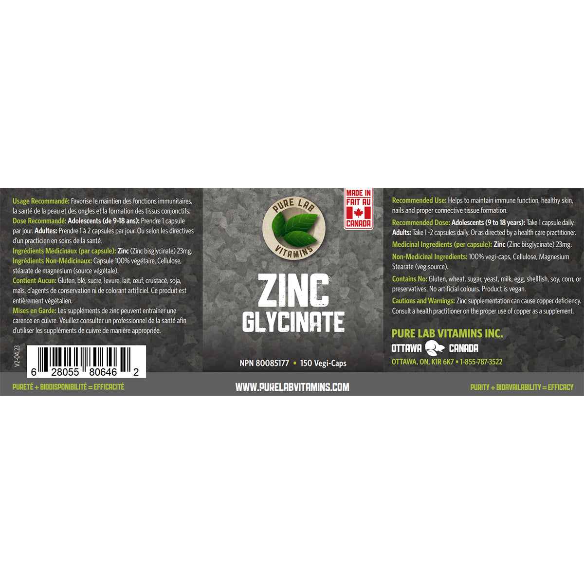 Pure Lab Vitamins - Zinc Glycinate - 23mg Veg Capsules